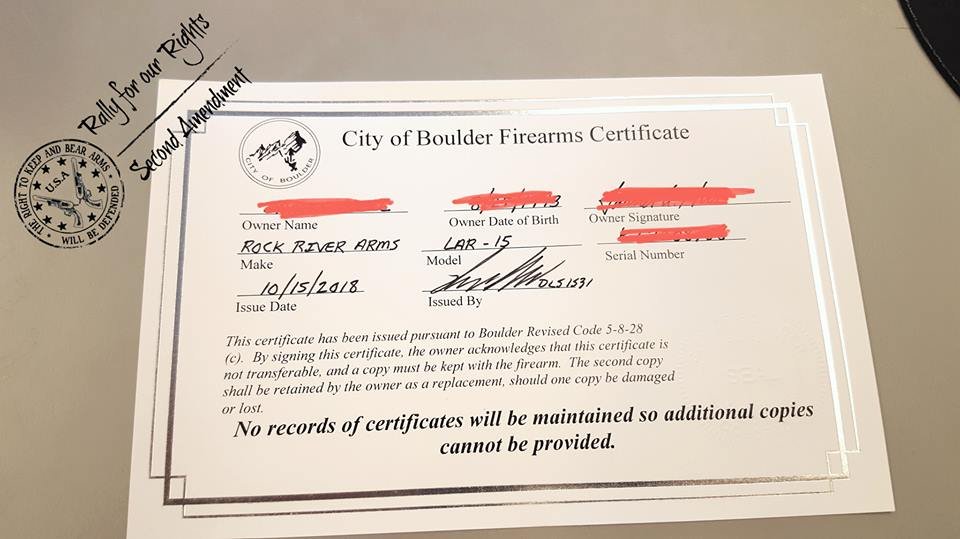 Boulder Colorado Firearms Registration Certification
